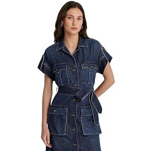 NWT Lauren Ralph Lauren 12 Petite Belted Denim Shirtdress Atlas Wash